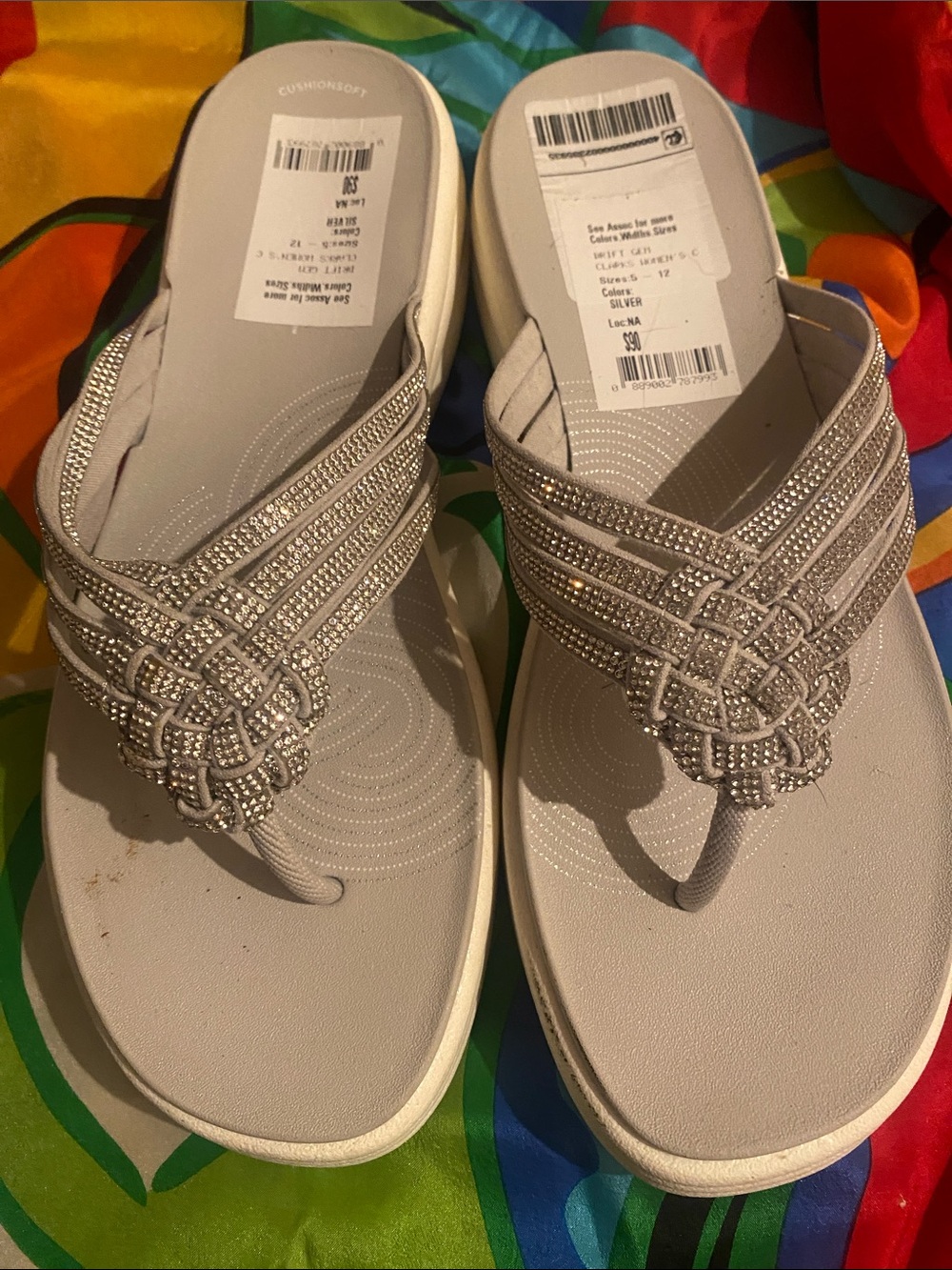 Clarks Silver Rhinestone Thong Wedge Sandals